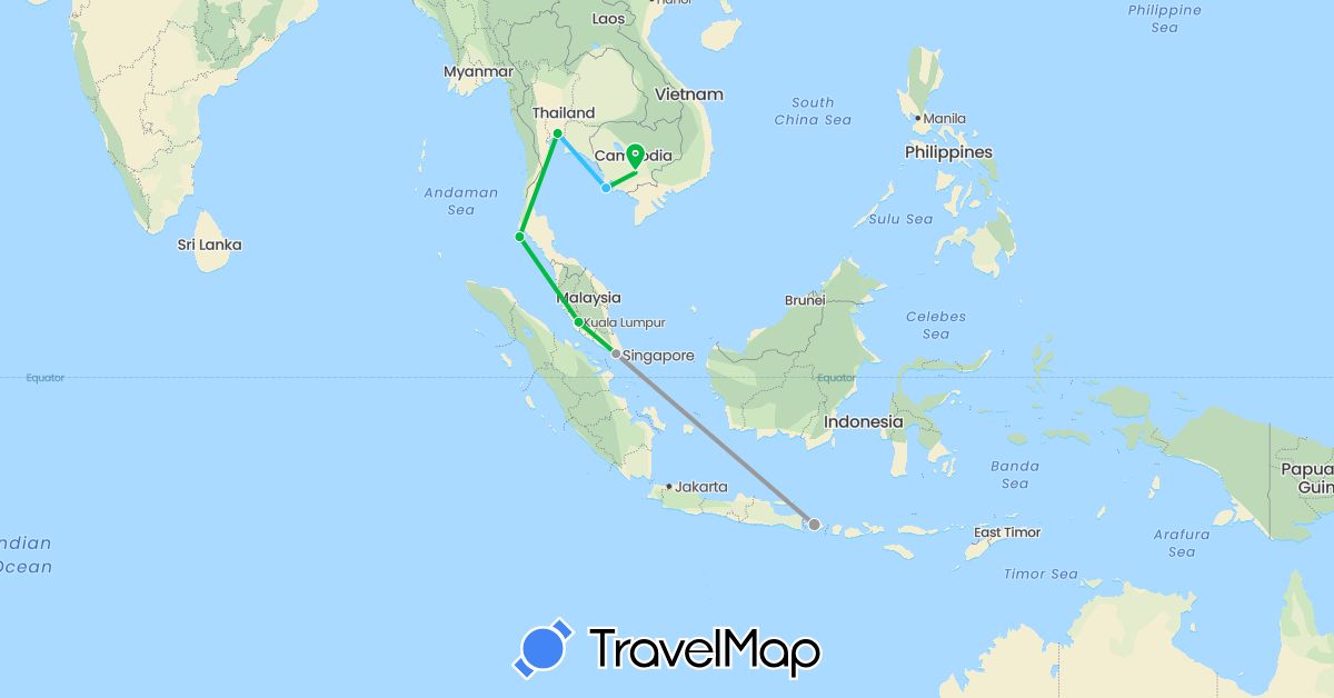 TravelMap itinerary: driving, bus, plane, boat in Indonesia, Cambodia, Malaysia, Singapore, Thailand (Asia)